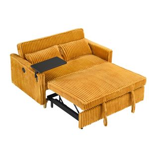 Divano Letto Giallo in Velluto a Coste con Doppia Funzione, Tavolino Estraibile, Porte USB e Design a Scomparsa, Adatto per Ogni Ambiente - Product Image 5