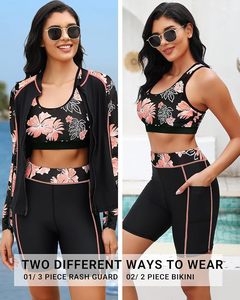 Ensemble de 3 pièces pour femmes, haut de sport à manches longues, soutien-gorge de sport, short taille haute, tenue de bain pour l'entraînement - Product Image 5