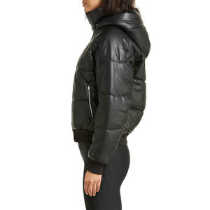 Black Hooded Puffer <b>Jacket</b> PU Material Zipper Closure Quilted Windproof Winter Coat Casual Style Short Length - Product Image 2