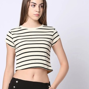Custom logo for Women Stripe style Crop <b>Tops</b> T-shirt Acid Wash Vintage Cut Cotton T-shirt Crop <b>Top</b> Hot Sexy Girl Outfit - Product Image 1