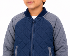 Blouson matelassé pour garçons, bleu gris, motif losanges, veste d'hiver rembourrée, veste chaude à fermeture éclair intégrale pour enfants avec col et poignets côtelés - Product Image 4