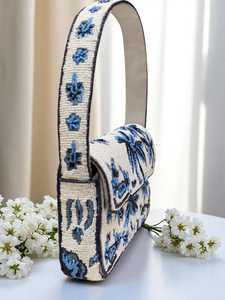 กระเป๋าถือผ้าแคนวาสทรงสี่เหลี่ยมผืนผ้า ALI FASHION ART ทำมือ ซักได้ ประดับลูกปัดแก้ว ปักลายฉลาม (โพลีเอสเตอร์) ลายคลื่นสีฟ้า ขอบสีแดง - Product Image 2