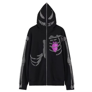 Sudadera con capucha negra con cremallera completa y diseño de esqueleto, con pedrería, estilo gótico oversize, streetwear, Y2K, punk - Product Image 6
