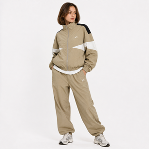 Women’s Beige Color Block Track Men's <b>Jackets</b> Wholesale <b>Lightweight</b> Zip Up Sportswear Training Windbreaker Set OEM Manufacturer - Product Image 3