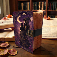 Grand carnet fait main en cuir véritable imprimé sorcellerie, Grimoire de la Lune, Livre de sorts, 400 pages, 8x6 pouces