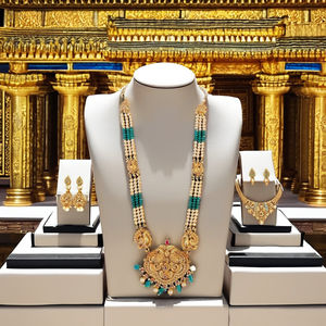 ชุดสร้อยคอยาวแบบโบราณของอินเดีย ทำจากทอง 22K ประดับด้วยไข่มุกและลูกปัดสีเขียว |   ชุดเจ้าสาวลายพิมพ์นกยูง - Product Image 1