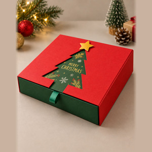 Custom <b>Christmas</b> Tree <b>Gift</b> <b>Box</b> Rigid Drawer with Tree Cutout and Pull Loop Wholesale - Product Image 4