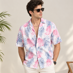 Camisa Breezy para Hombre con Cuello Camp Collar, 100% Algodón Flexible, Estampado de Hojas Tropicales, Manga Corta, para Vacaciones en la Playa, Estilo Casual de Resort, Estilos de Verano - Product Image 4