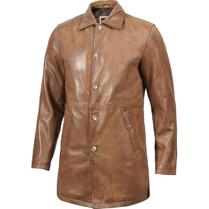<b>Men's</b> Genuine Leather <b>Long</b> Trench <b>Coat</b> With Notched Lapel And Front Pockets Single Breasted Design <b>Men's</b> stand collar - Product Image 6