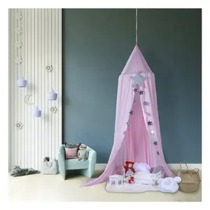 粉色天篷刺绣婴儿床蚊帐，带免费星星装饰悬挂儿童游戏帐篷，儿童女童房间装饰