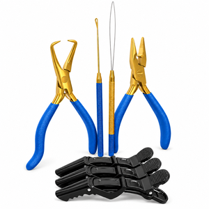 Kit d'outils de pose de perles pour extensions capillaires Gold Hair Extension Beading Tool Kit Micro Link Bead Closer Remover Pliers Blue Grip Loop Threader ZetomedPro - Product Image 1