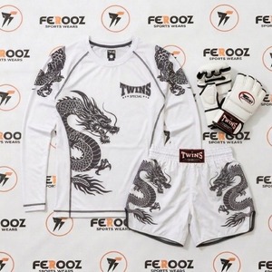 Vêtements d'entraînement de combat blancs et roses avec illustration de dragon, haut de sport à manches longues et short léger pour la lutte - Product Image 5