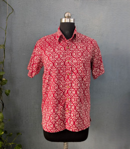 Men's Red <b>Geometric</b> Printed Short Sleeve Casual <b>Shirt</b> Turn-down Collar Cotton Fabric Summer Wear - Product Image 3