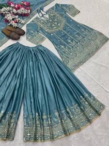Elegante Traje Étnico de Seda Bordada en Verde Menta con Pantalón Palazzo de Manga Larga y Dupatta, Estilo Pakistaní - Product Image 4