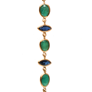 Pendientes colgantes lineales de esmeralda natural y zafiro azul en oro amarillo macizo de 18 quilates – Gemas marquesa y ovaladas engastadas en bisel - Product Image 2
