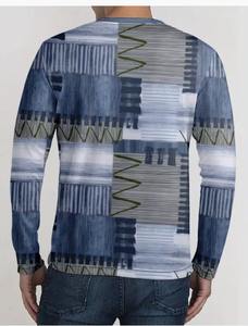 Men Blue Long Sleeve Casual <b>Shirt</b> <b>Patchwork</b> Print Breathable Knitted V-Neck Summer Wear Full Sleeve Fashion Top - Product Image 5