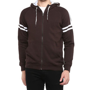 Sweat-shirt à capuche zippé pour homme, marron, avec rayures blanches, manches raglan, coupe décontractée, longueur normale, en coton French Terry - Product Image 1