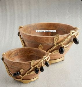 Handmade Wooden Bowl Set with Gold Olive Branch Design Decorative Serving Bowl Home Decor Bowl - Product Image 1