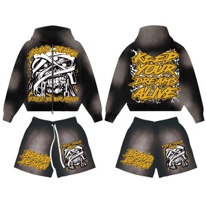 Custom Logo Acid Wash <b>Zip</b> Up <b>Jacket</b> Shorts Set Vintage 2 Piece Tracksuit <b>Men's</b> Streetwear OEM ODM Wholesale - Product Image 3
