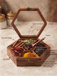 Boîte à épices artisanale en bois de rose avec couvercle en verre, cuillère en bois, 7 compartiments, conteneur de rangement pour épices, fermeture en laiton, boîte à masala de cuisine - Product Image 4