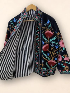 Blouson Bomber Vintage en Velours Suzani Brodé à la Main, Motif Floral Réversible, Style Bohème Court, Tenue Ethnique Automne Hiver en Lin - Product Image 3