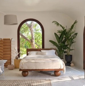 Teak Wood <b>Bed</b> <b>Frame</b> <b>Queen</b> <b>Size</b> Solid Wood Handmade Scandinavian Style Bedstead with Round Legs Natural Finish - Product Image 1