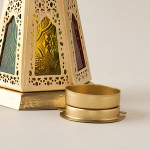 Timeless Gold Metal <b>Moroccan</b> Lantern with Multicolor Glass Panels Decorative Candle Holder for Ramadan Home Accent <b>Decor</b> - Product Image 4