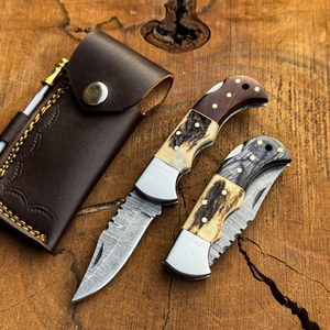 Razor Sharp Damascus Steel Folding Blade Drop Point Industrial Grade Pocket Knife Elk Horn Wood Handle OEM ODM EDC Utility Knife - Product Image 1