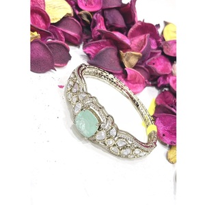 <b>Silver</b> Plated <b>Cuff</b> <b>Bracelet</b> With Jade Stone And Diamond Accents Women's Classic Jewelry Gift - Product Image 1