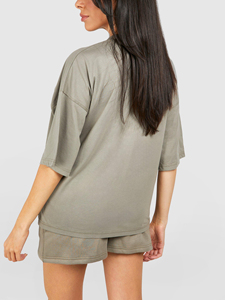Ensemble T-shirt et short en coton 100 % fabriqué en usine, grande taille, col rond, épaules tombantes, manches courtes, couleur unie, écologique et respirant - Product Image 6
