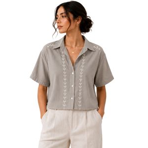 Camisa Corta Personalizada para Mujer, Color Gris Claro, Bordada, Manga Corta, Cierre de Botones, Blusa Informal de Verano, Mezcla de Lino, Logotipo Personalizado, a la Moda - Product Image 1