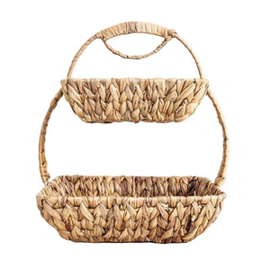 Cesta de frutas cuadrada de 2 niveles hecha a mano con jacinto de agua, bandeja de almacenamiento tejida para organización de cocina - Product Image 2