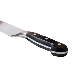 Ensemble de couteaux de cuisine avec manches rivetés noirs, lames argentées, bloc en bois brun foncé, ciseaux et aiguiseur pour la préparation quotidienne des aliments - Product Image 5