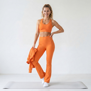 Ctom OEM <b>Women</b> Yoga Hooded 3 Piece Yoga <b>Set</b> Lightweight Zipper <b>Hoodie</b> High Waist Flare <b>Legging</b> Racerback Bra 3 Piece Fitness <b>Set</b> - Product Image 3