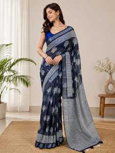 Sari en coton et lin bleu avec imprimé géométrique et bordure argentée, vêtement décontracté pour femmes, style indien traditionnel, longueur au sol, Bengale occidental - Product Image 5