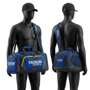 Sac de sport pour homme en polyester 600D de qualité supérieure, design à panneaux rouge et gris, sac de voyage durable avec logo personnalisé imprimé à l'écran - Product Image 2