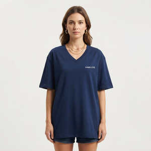 เสื้อยืดคอวีสีน้ำเงินกรมท่า ผ้าฝ้ายพรีเมียมเนื้อหนา สำหรับผู้หญิง สไตล์สตรีทแฟชั่น เรียบง่าย ทรงโอเวอร์ไซส์ สวยงาม - Product Image 1