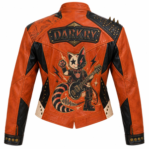 <b>Women</b> Orange Real Cowhide Leather Biker Jacket Printed Cat Black Panel Spiked Shoulder <b>Outerwear</b> Coat OEM ODM Custom Wholesale - Product Image 2