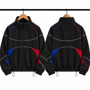 Chaqueta Deportiva Unisex Negra con Bloques de Color, Cierre de Cremallera, Cuello Acolchado, Mangas Raglán, 100% Algodón, Estampado Digital Otoñal - Product Image 1