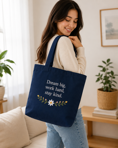 Dream Big <b>Work</b> Hard Stay Kind Canvas Tote <b>Bag</b> With Floral Embroidery Navy Blue Minimalist Style Shopping <b>Bag</b> - Product Image 4