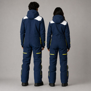 Traje de Esquí Personalizado Unisex Azul Marino de Una Pieza con Panel Blanco en el Pecho y Cremallera Amarilla, Traje de Nieve Impermeable para Parejas - Product Image 2