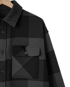 Chemise-veste en flanelle à carreaux personnalisée pour homme, noire anthracite, à manches longues, boutonnée, décontractée, pour l'hiver, vente en gros - Product Image 5