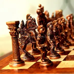 Premium Roman Chess Set with Brass Sculpted Pieces in Ancient Roman Style and Wooden Board for Kids Professionals and Adults