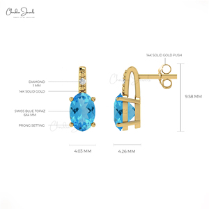 Pendientes de tuerca ovalados de topacio azul suizo de 6x4 mm con detalles de diamantes y cierre a presión de oro macizo de 14k, joyería al por mayor para bodas - Product Image 4