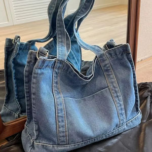 กระเป๋าโท้ทผ้าเดนิมขนาดใหญ่สำหรับผู้หญิง ใช้ได้ทั้งเดินทาง ช้อปปิ้ง ใช้ในชีวิตประจำวัน  กระเป๋าสะพายไหล่ลำลองพร้อมหูหิ้วด้านบน - Product Image 1
