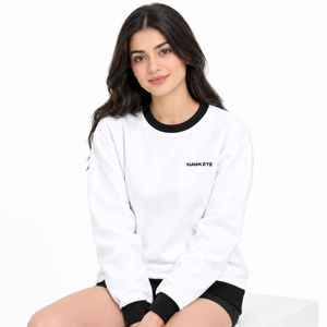 Sudadera Blanca de Cuello Redondo para Mujer, Corte Regular, Color Sólido, Detalles Negros, Estampado de Letras, Ropa Casual de Otoño, Tejido de Punto 100% Algodón - Product Image 5