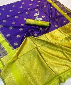 Sari de seda licuosa de lujo con tejido artesanal, blusa sin coser, ropa festiva, precio al por mayor, prenda étnica 85013 morado largo hasta el suelo - Product Image 5