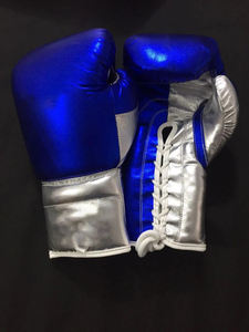 Guantes de Boxeo Profesionales Azul Metálico Plateado, Cuero Genuino de Primera Calidad, Logotipo Personalizado Impreso, Guantes de Muay Thai y Kick Boxing - Product Image 2