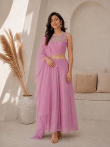 Ensemble Lehenga Choli brodé jaune en satin viscose, longueur cheville, tenue de fête et de mariage pour femme - Product Image 6