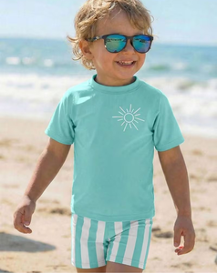 Boys Mint Green Sun Logo T-Shirt and Striped Shorts Set Casual Beach Outfit - Product Image 1